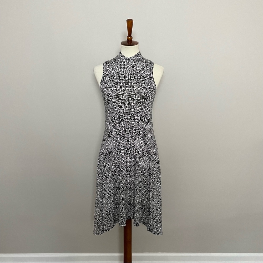 Anthropologie Maeve Dress Clearly Geometrics High Neck Asymmetrical Pocket Black
